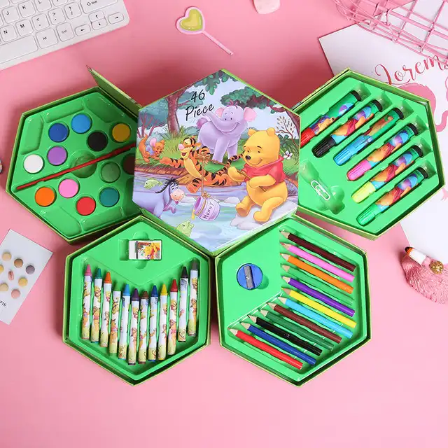 Hexagonal Color Box Art Set for Kids 46pc Set with Pencils, Crayons, Paints & More (Disney Princess, Winnie the Pooh, Mickey Mouse)