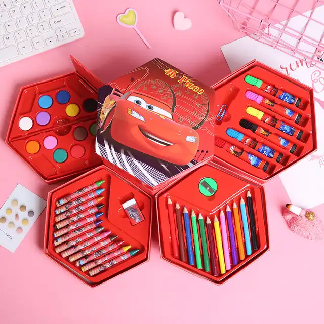 Hexagonal Color Box Art Set for Kids 46pc Set with Pencils, Crayons, Paints & More (Disney Princess, Winnie the Pooh, Mickey Mouse)
