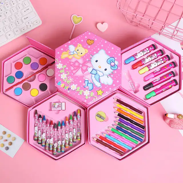 Hexagonal Color Box Art Set for Kids 46pc Set with Pencils, Crayons, Paints & More (Disney Princess, Winnie the Pooh, Mickey Mouse)