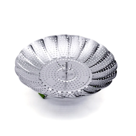 Furaha Finds Stainless Steel Steamer Basket Expandable and collapsible vegetable steamer for healthy cooking, made from durable rust resistant stainless steel.