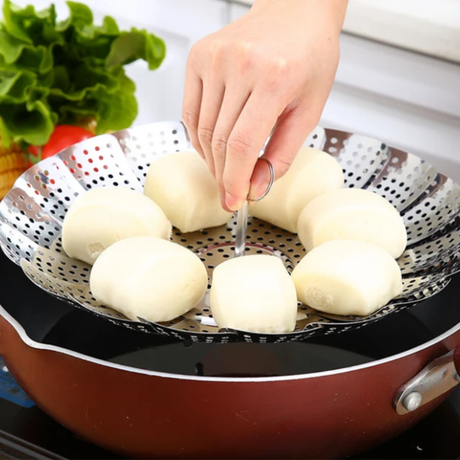 Furaha Finds Stainless Steel Steamer Basket Expandable and collapsible vegetable steamer for healthy cooking, made from durable rust resistant stainless steel.