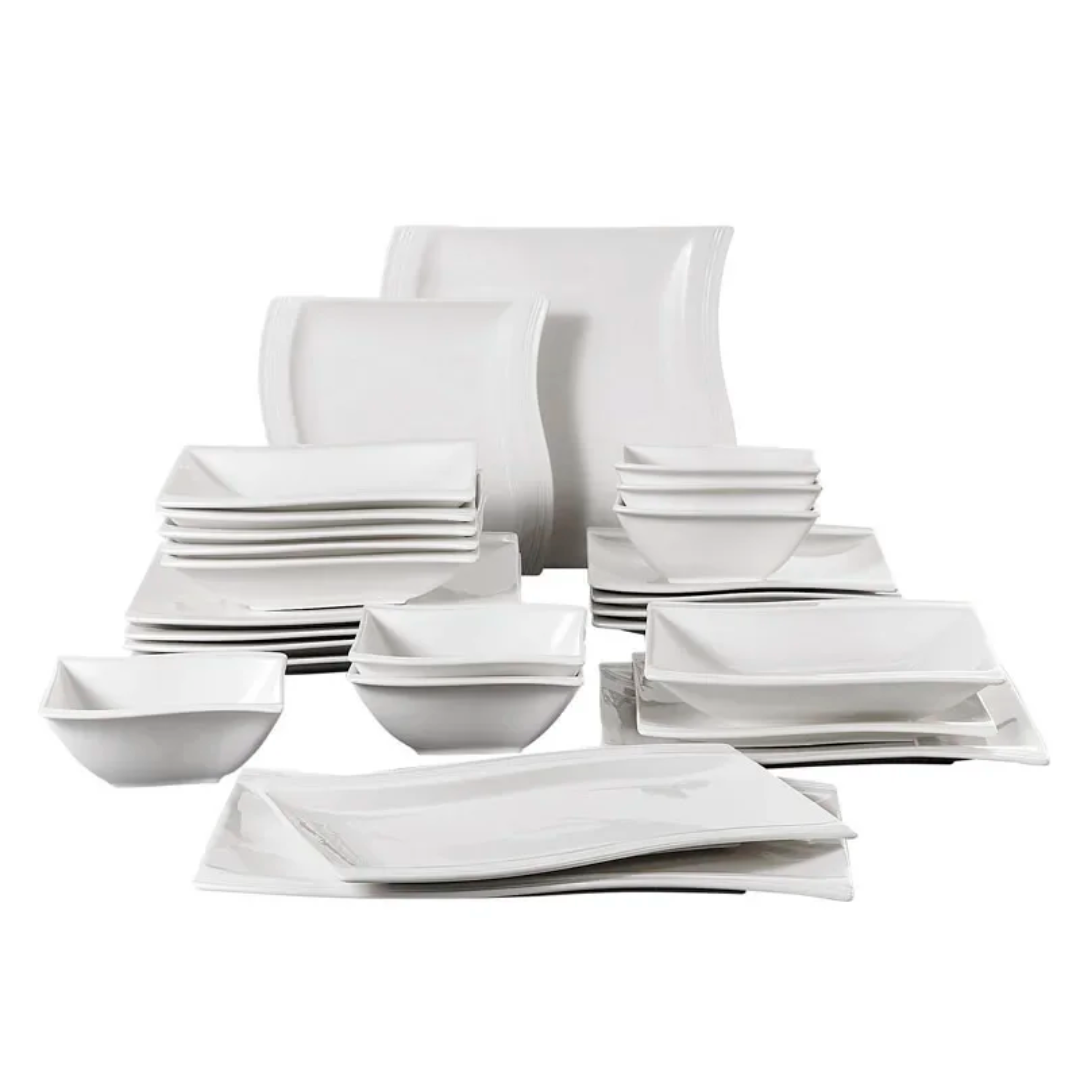 24pcs Ceramic Fancy Shapely White Dinner Set with Lines
