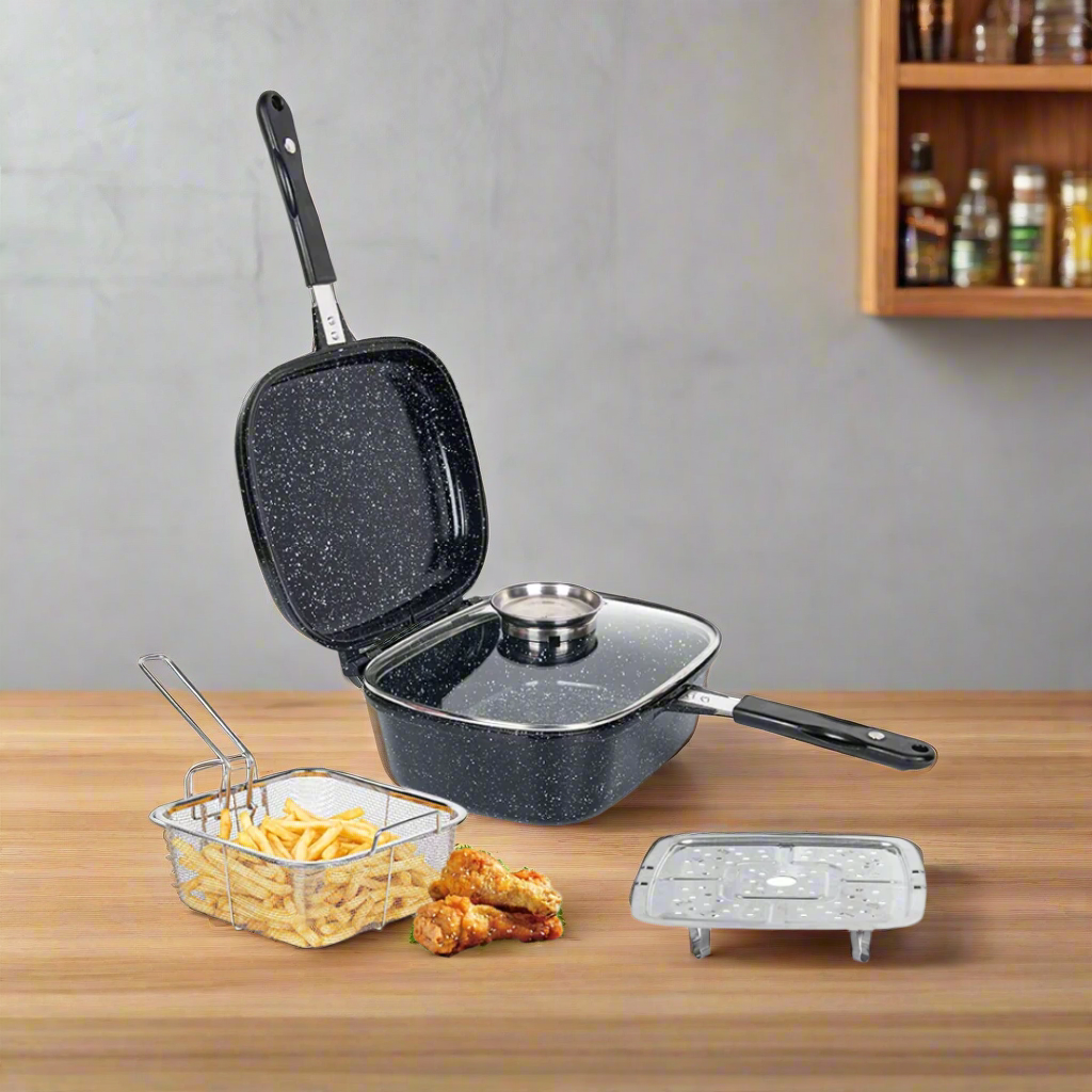 3-in-1 Marble Coated Cookware Set Deep Fryer, Casserole & Frying Pan