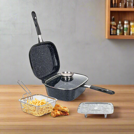 Furaha Finds 3-in-1 Marble Coated Cookware Set with double deep fryer, casserole pot, and frying pan with lid. Non-stick, heat-resistant, and induction-compatible