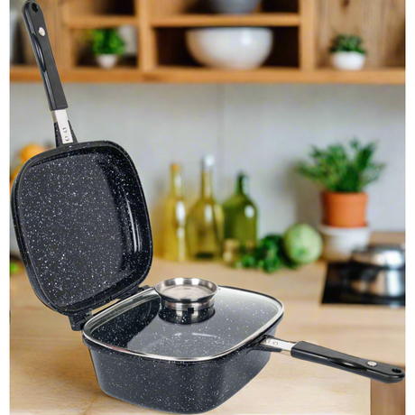 3-in-1 Marble Coated Cookware Set Deep Fryer, Casserole & Frying Pan