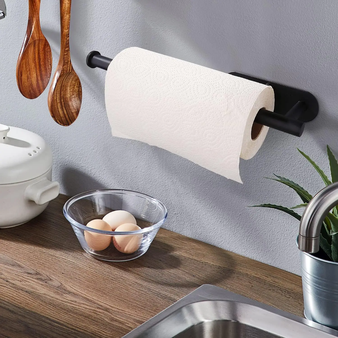 Stainless Wall Mounted Paper Towel Holder (Silver/Black)- Furaha Finds Kenya