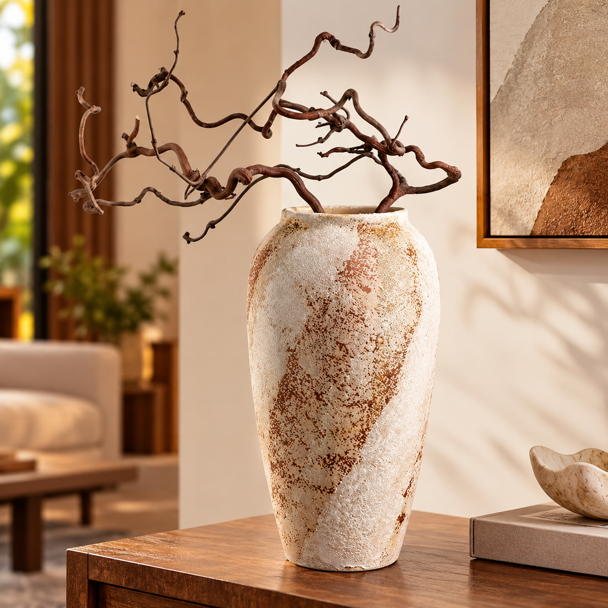 Rustic Wabi-Sabi Ceramic Flower Vase – Beige & Cream