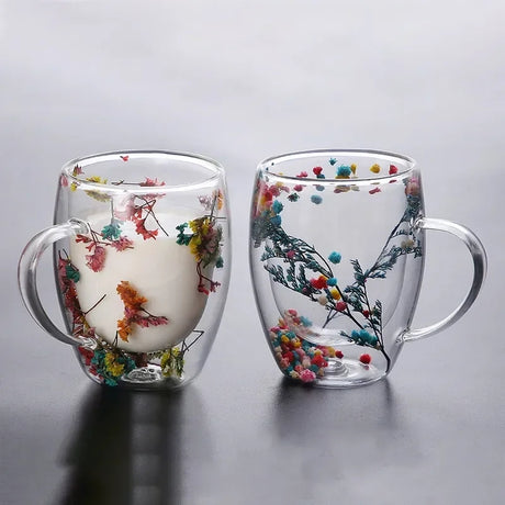 Insulated Double Wall Glass Cup with Dried Flower Design | Transparent Coffee & Tea Cup with Handle | Elegant Home & Office Drinkware- Furaha Finds Kenya