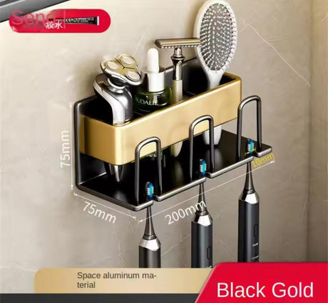 Metallic Wall-Mounted Toothbrush & Toothpaste Holder – Black Gold | Space-Saving Bathroom Organizer