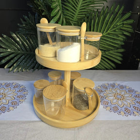 2 Layer Bamboo Lazy Susan Rotating Organizer Glass storage jar Kitchen Counter & Beverage Station Organizers