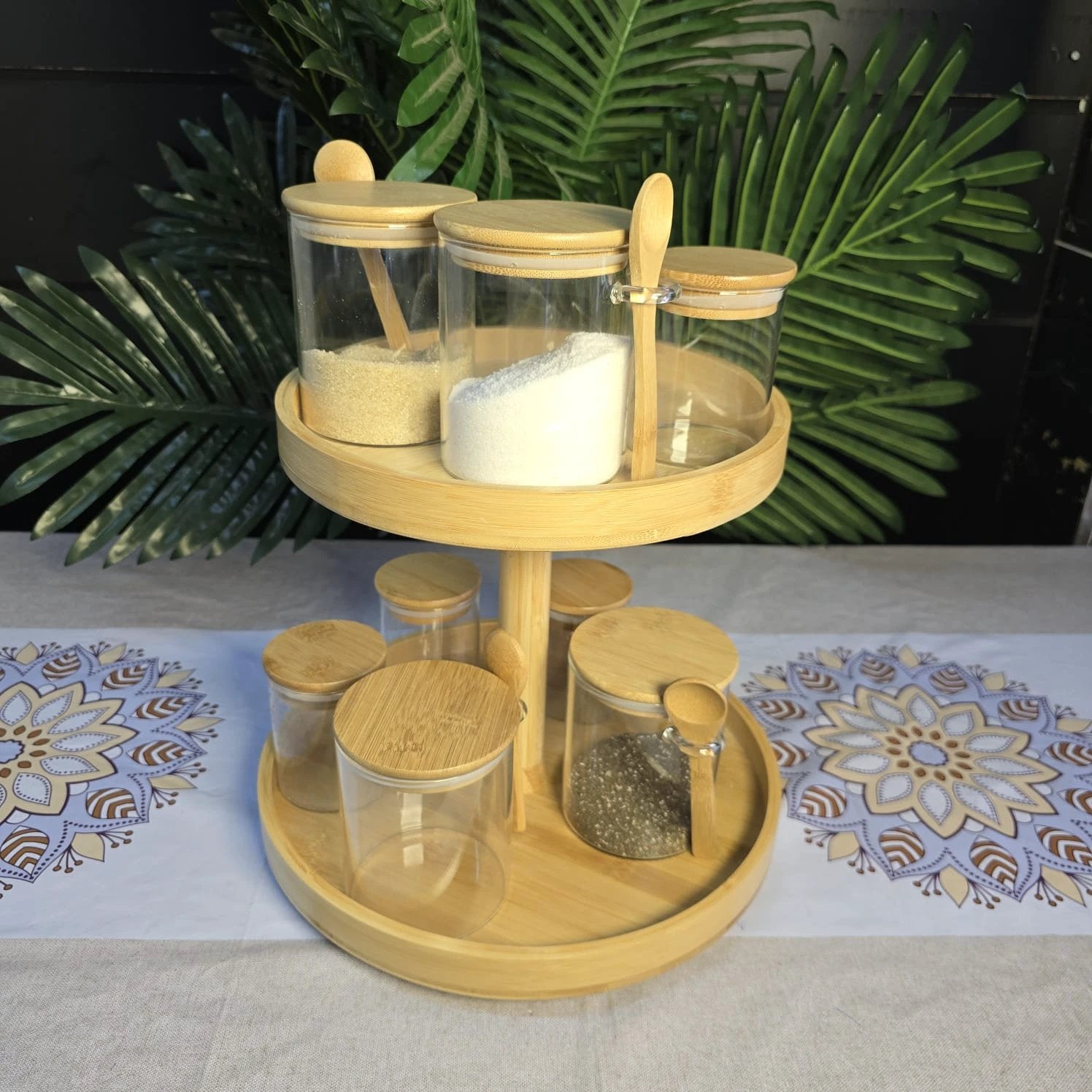 2 Layer Bamboo Lazy Susan Rotating Organizer Glass storage jar Kitchen Counter & Beverage Station Organizers