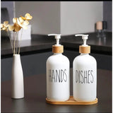 2-Piece Ceramic Soap & Lotion Dispenser Set with Bamboo Tray – 500ml | Hands/Dishes & Soap/Lotion Labels | Black & White Soap & Lotion Dispensers