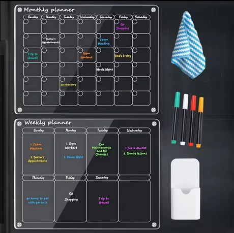 2 Piece Magnetic Fridge Planner with Pens, Erasing Towel, and Pen Holder