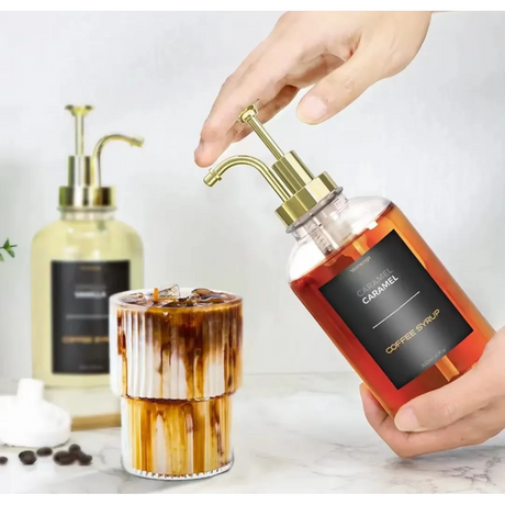 2 Piece Set Coffee Syrup Dispenser 500ml Glass Bottles with Labels.