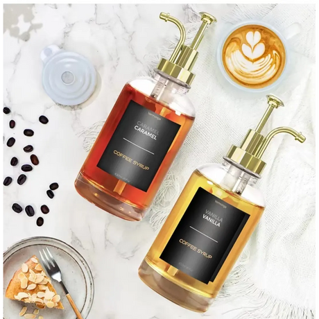 2 Piece Set Coffee Syrup Dispenser 500ml Glass Bottles with Labels.