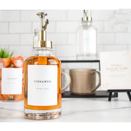 2 Piece Set Coffee Syrup Dispenser 500ml Glass Bottles with Labels.