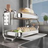 2-Tier Chrome Dish Rack 201SS Material with Drain Tray & Utensil Holder Organizer Dish Racks