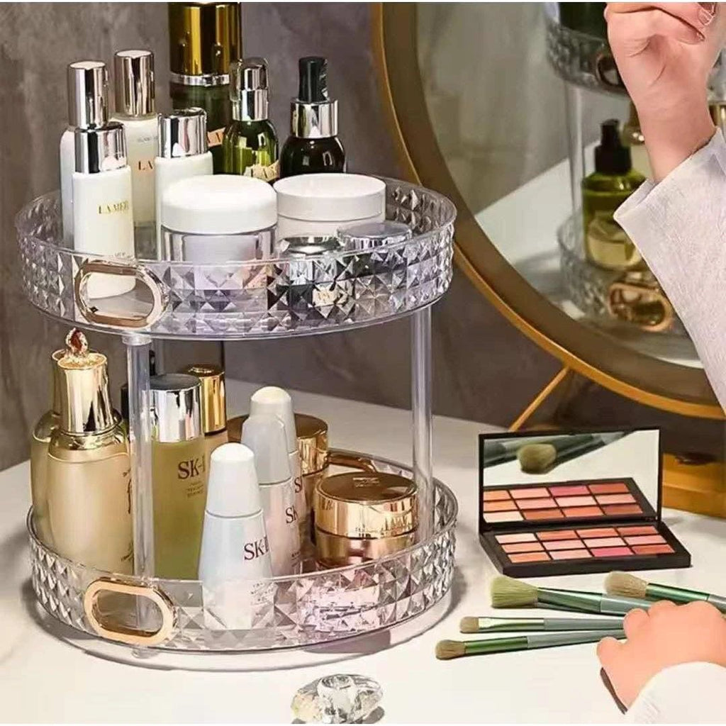 2-Tier Diamond Acrylic Rotating Organizer | Lazy Susan | Clear with Gold Handles – 27.5cm Cosmetic Organizer Household Storage Caddies