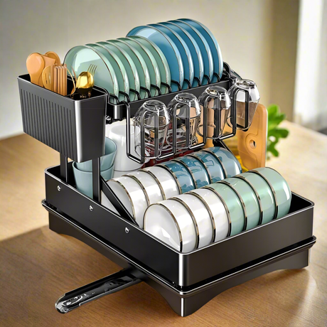 2 Tier Foldable Dish Drying Rack with Drip Tray 42x32x30cm, Carbon Steel with Chopping Board Rack & Spoon Holder