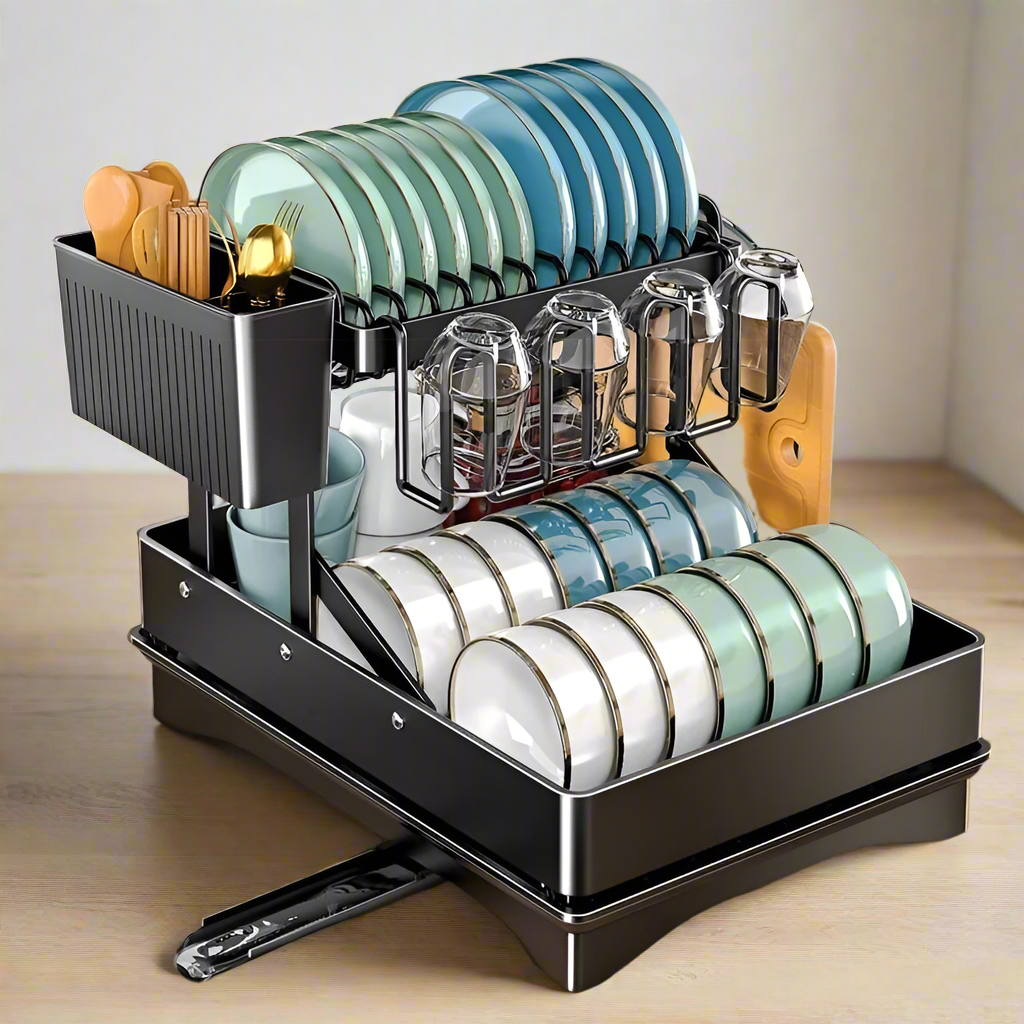 2 Tier Foldable Dish Drying Rack with Drip Tray 42x32x30cm, Carbon Steel with Chopping Board Rack & Spoon Holder