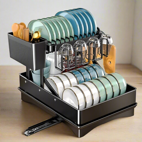 2 Tier Foldable Dish Drying Rack with Drip Tray 42x32x30cm, Carbon Steel with Chopping Board Rack & Spoon Holder