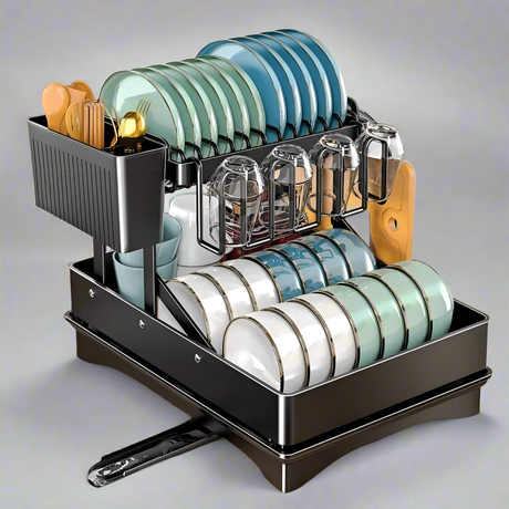 2 Tier Foldable Dish Drying Rack with Drip Tray 42x32x30cm, Carbon Steel with Chopping Board Rack & Spoon Holder