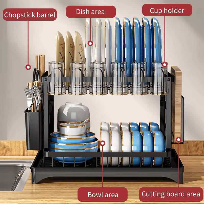 2-Tier Kitchen Dish Drying Rack with Drain Tray – Large Capacity Countertop Organizer with Utensil Holder