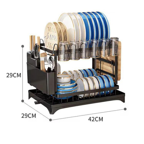 2-Tier Kitchen Dish Drying Rack with Drain Tray – Large Capacity Countertop Organizer with Utensil Holder