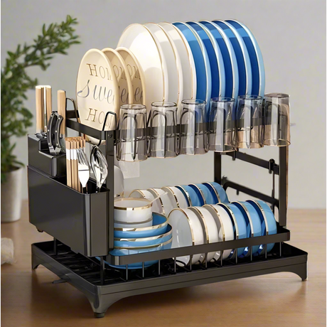 2-Tier Kitchen Dish Drying Rack with Drain Tray – Large Capacity Countertop Organizer with Utensil Holder