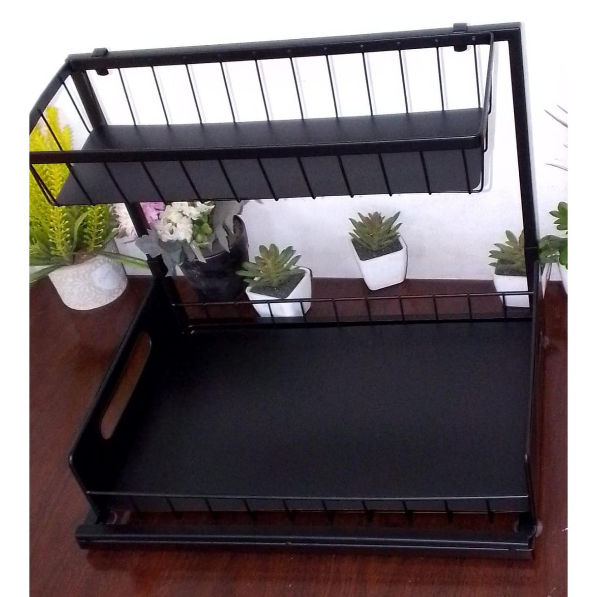 2 Tier Metallic Sliding Pull Out Cabinet Organizer Rack