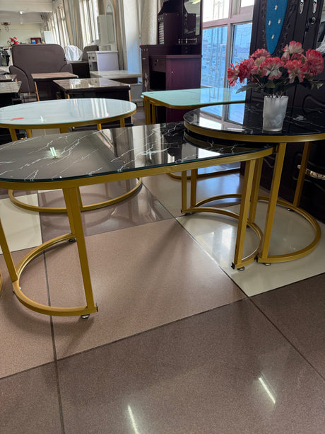 2-in-1 Nesting Coffee Table Set – Black Tempered Glass Top with Gold Frame (Round & Oval)