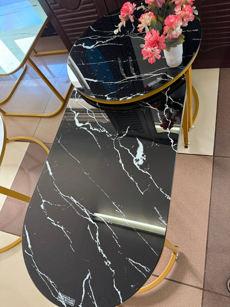 2-in-1 Nesting Coffee Table Set – Black Tempered Glass Top with Gold Frame (Round & Oval)