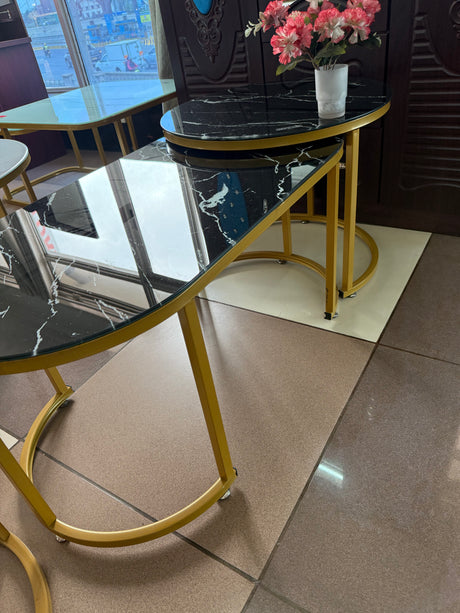 2-in-1 Nesting Coffee Table Set – Black Tempered Glass Top with Gold Frame (Round & Oval)