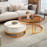 2-in-1 Round Nesting Coffee Table – Marble & Black Glass Top with Gold Metal Frame (D70 & D50cm) Accent table Coffee Tables