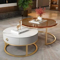 2-in-1 Round Nesting Coffee Table – Marble & Black Glass Top with Gold Metal Frame (D70 & D50cm) Accent table Coffee Tables