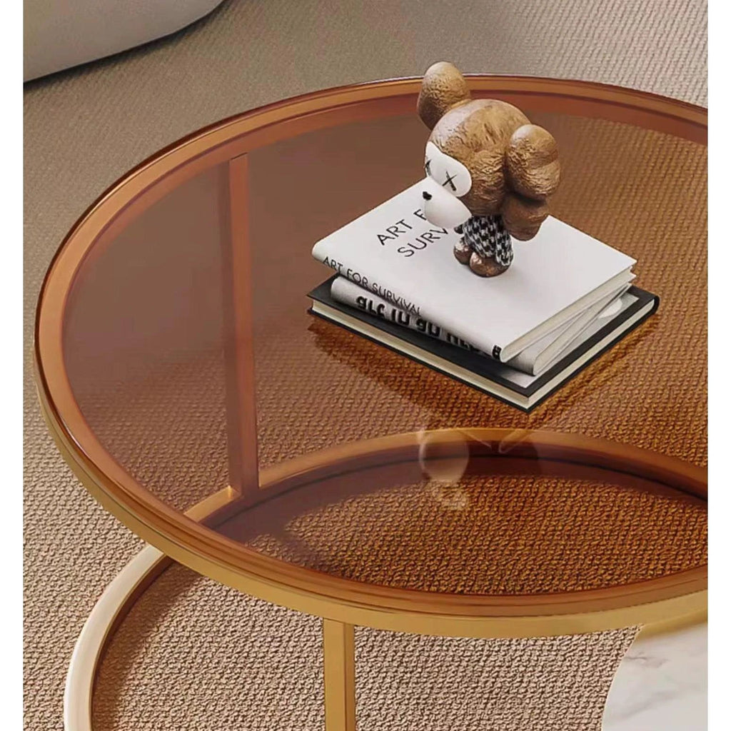 2-in-1 Round Nesting Coffee Table – Marble & Black Glass Top with Gold Metal Frame (D70 & D50cm) Accent table Coffee Tables