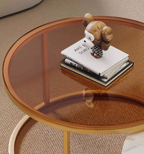 2-in-1 Round Nesting Coffee Table – Marble & Black Glass Top with Gold Metal Frame (D70 & D50cm)