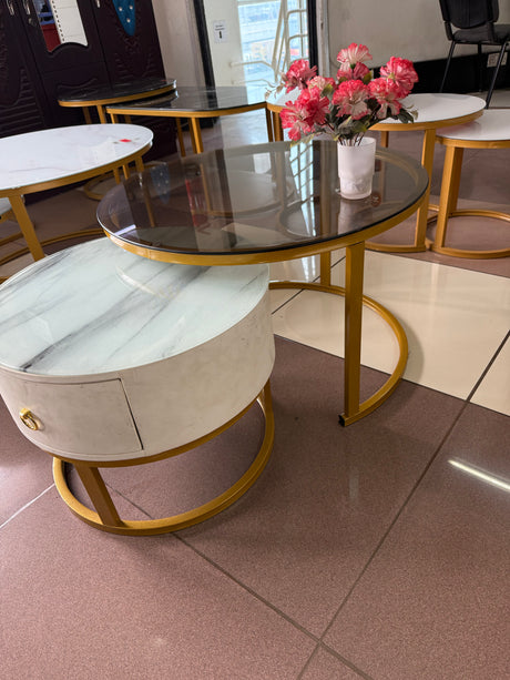 2-in-1 Round Nesting Coffee Table – Marble & Black Glass Top with Gold Metal Frame (D70 & D50cm)