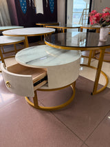 2-in-1 Round Nesting Coffee Table – Marble & Black Glass Top with Gold Metal Frame (D70 & D50cm)
