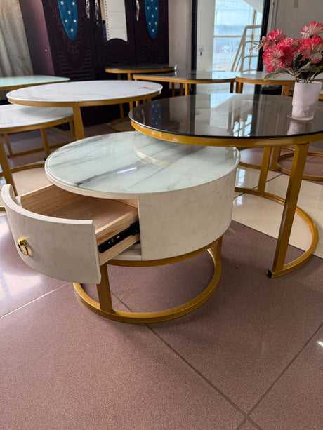 2-in-1 Round Nesting Coffee Table – Marble & Black Glass Top with Gold Metal Frame (D70 & D50cm)