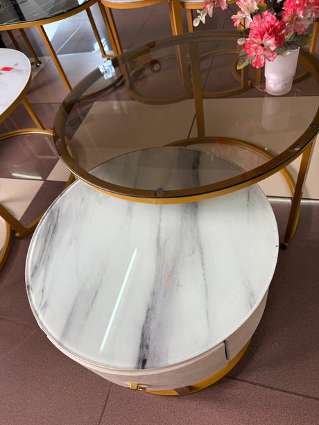 2-in-1 Round Nesting Coffee Table – Marble & Black Glass Top with Gold Metal Frame (D70 & D50cm)