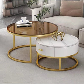 2-in-1 Round Nesting Coffee Table – Marble & Black Glass Top with Gold Metal Frame (D70 & D50cm) Accent table Coffee Tables