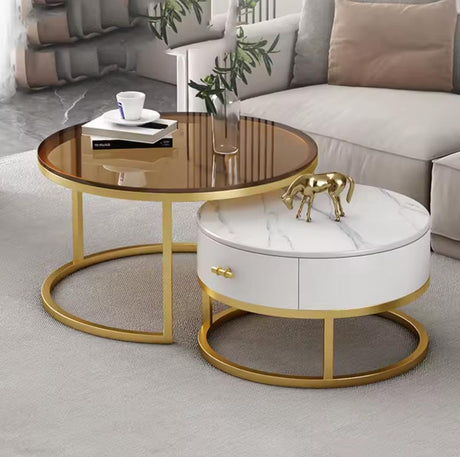 2-in-1 Round Nesting Coffee Table – Marble & Black Glass Top with Gold Metal Frame (D70 & D50cm)
