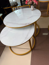 2-in-1 Round Nesting Coffee Table – White Marble Effect Tempered Glass & Gold Metal Frame (D80 & D60cm)