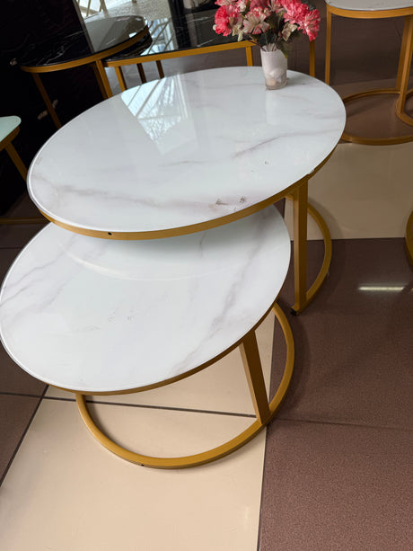 2-in-1 Round Nesting Coffee Table – White Marble Effect Tempered Glass & Gold Metal Frame (D80 & D60cm)