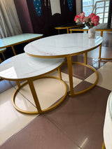 2-in-1 Round Nesting Coffee Table – White Marble Effect Tempered Glass & Gold Metal Frame (D80 & D60cm)