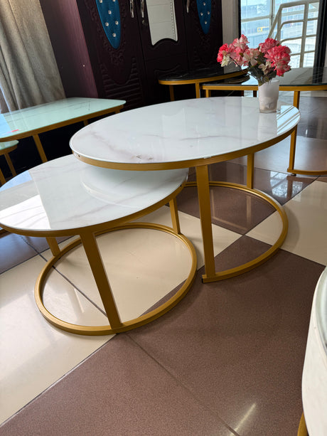 2-in-1 Round Nesting Coffee Table – White Marble Effect Tempered Glass & Gold Metal Frame (D80 & D60cm)