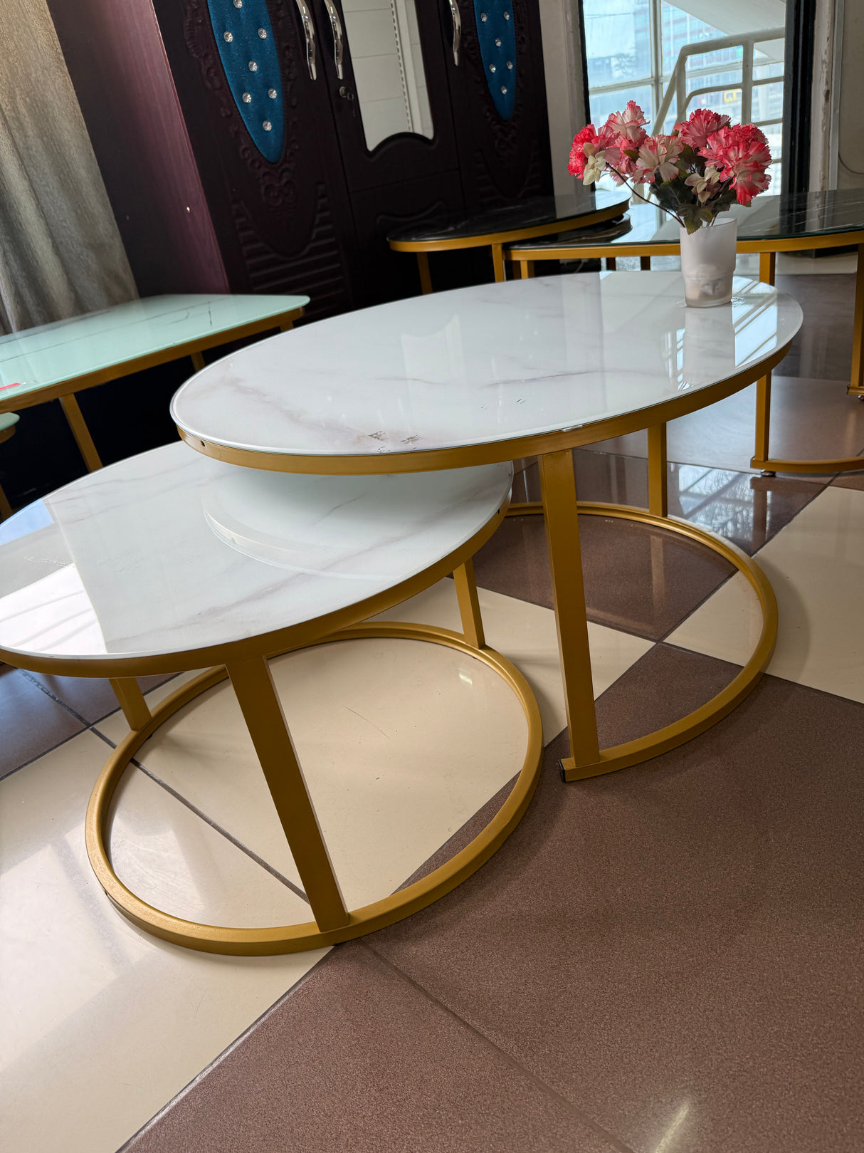 2-in-1 Round Nesting Coffee Table – White Marble Effect Tempered Glass & Gold Metal Frame (D80 & D60cm)