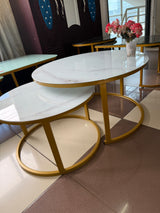 2-in-1 Round Nesting Coffee Table – White Marble Effect Tempered Glass & Gold Metal Frame (D80 & D60cm)