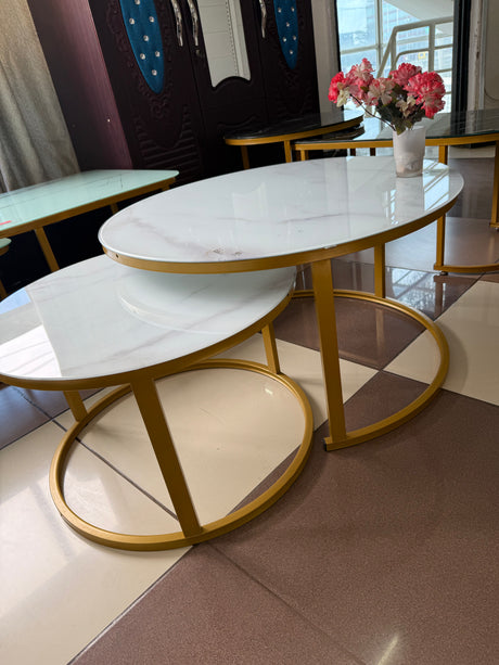 2-in-1 Round Nesting Coffee Table – White Marble Effect Tempered Glass & Gold Metal Frame (D80 & D60cm)